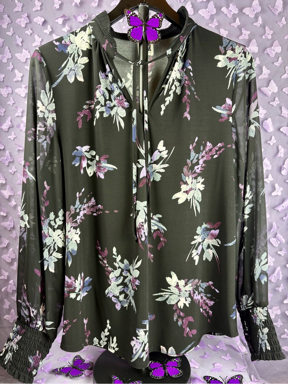 Anne Klein Floral Tie-Neck Blouse - Black with Purple & White Floral
